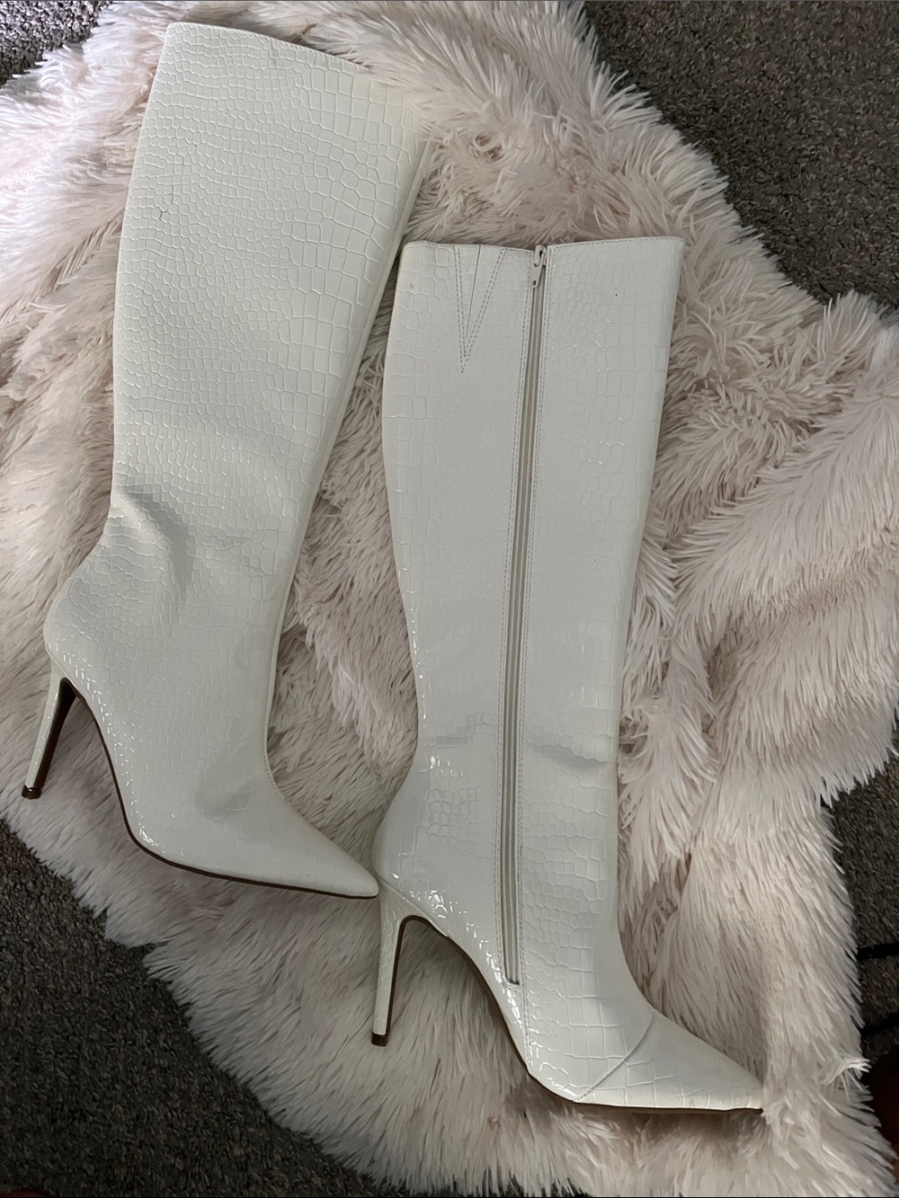 Kenneth Cole White Croc-Embossed Knee-High Stiletto Boots